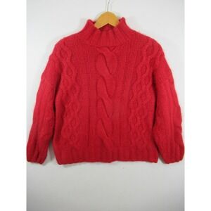 Vintage 90s Express Fuzzy Angora Blend Sweater Women L Red Cable Knit Mockneck